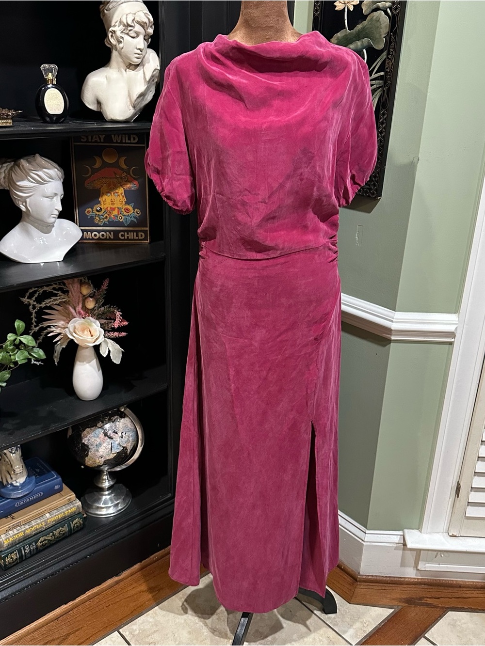 R.G. Kane Silky Burgundy Ruched Evening Gown – Size Small